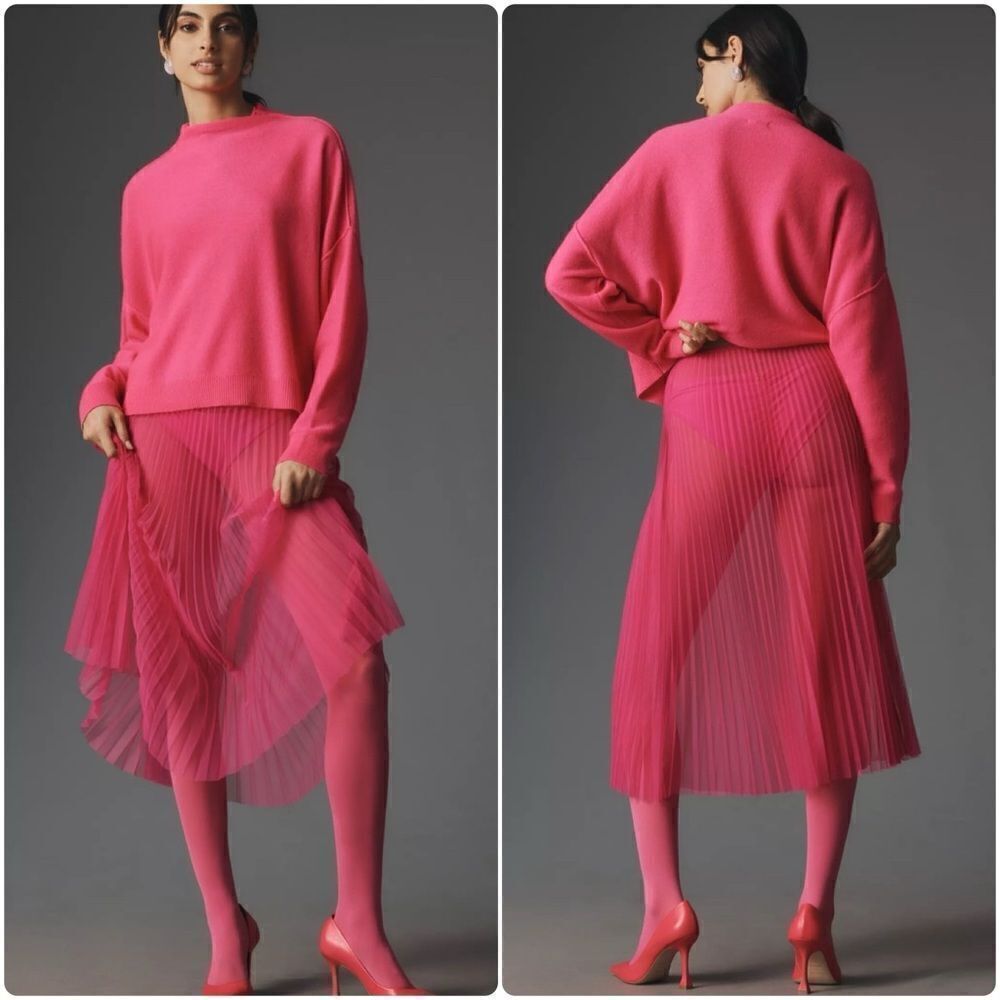 Anthropologie Sunburst Hot Pink Pleated Sheer Chiffon Monochrome Midi Skirt